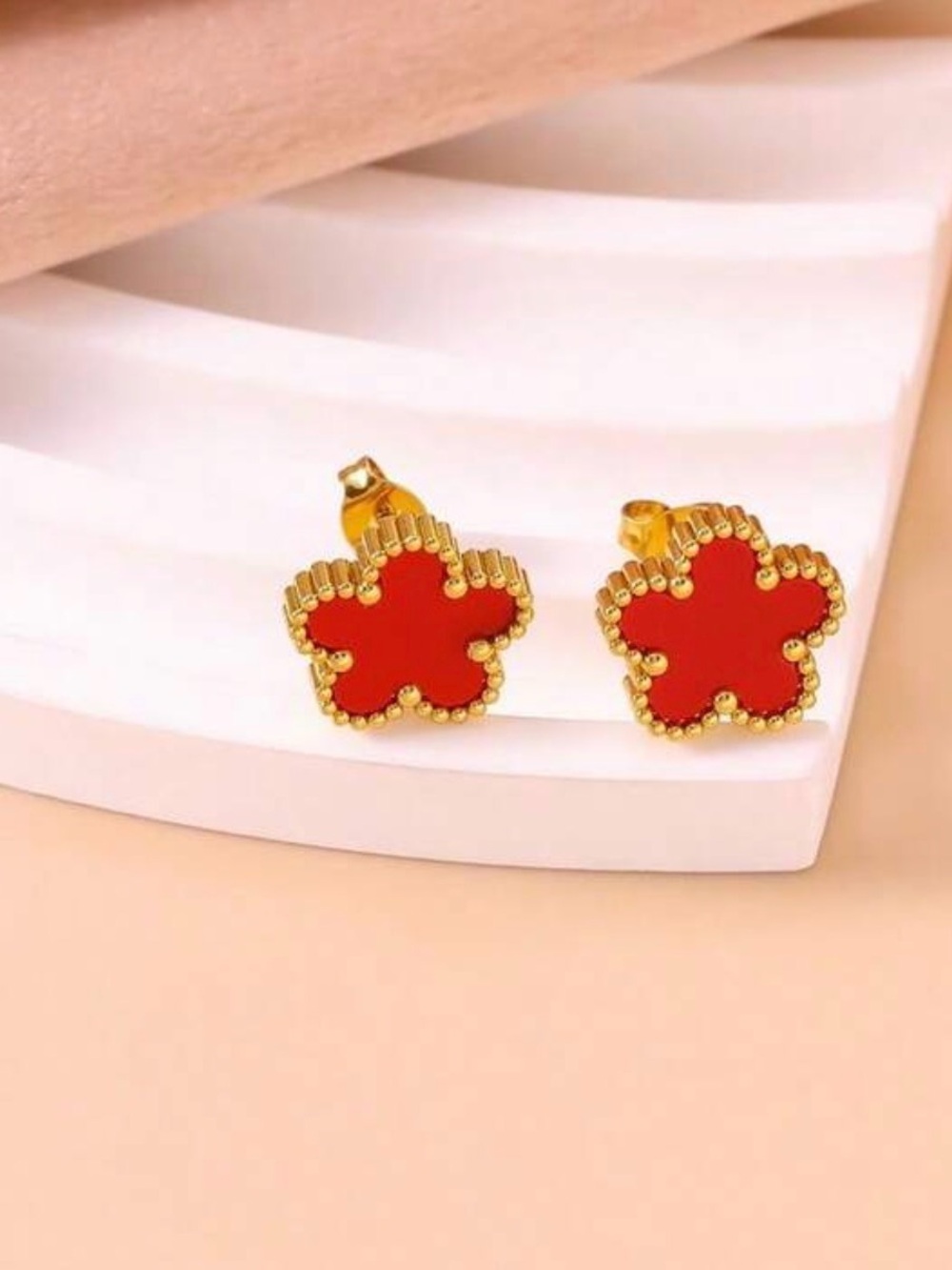 Gold-Tone Red stainless steel non tarnish Clover Stud Earrings